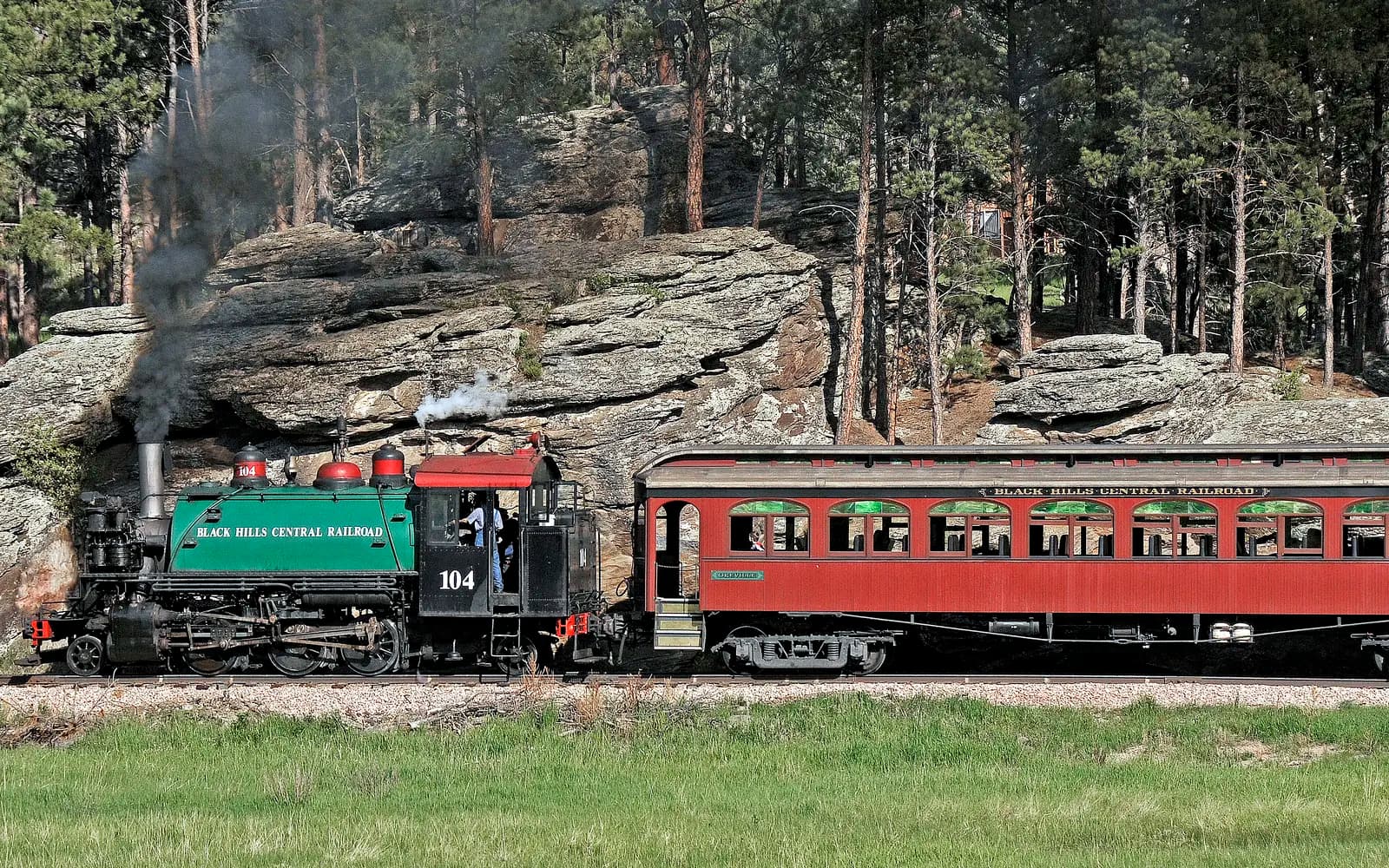 Black Hills Central steam locomotive 104 pulling red passenger cars through a pine forest