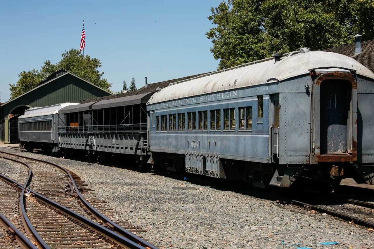 Sacramento Southern excursion train with vintage passenger cars in Old Sacramento