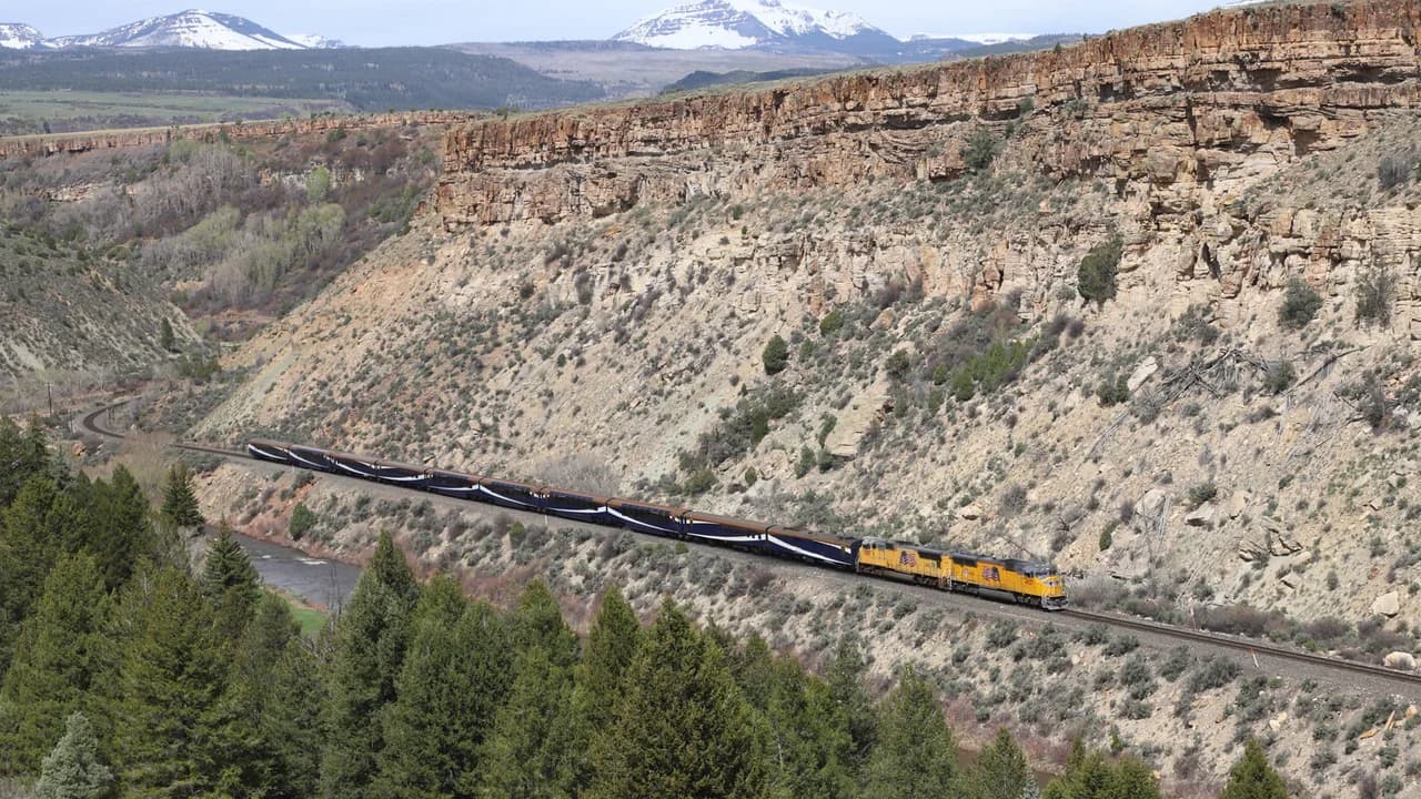 Rocky Mountaineer predecessor train traveling beside the Colorado River at Burns, Colorado in 2024