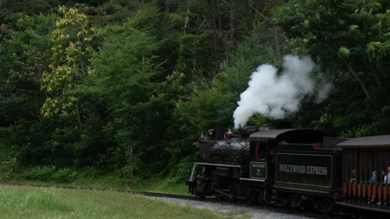 Dollywood Express steam locomotive and open passenger cars on a wooded curve