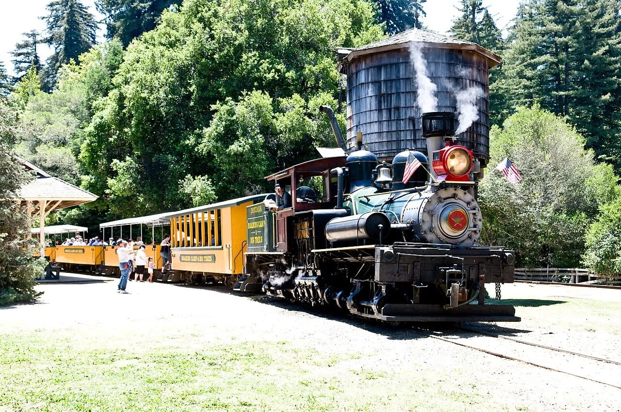 Roaring Camp and Big Trees locomotive pulling red passenger cars through the forest