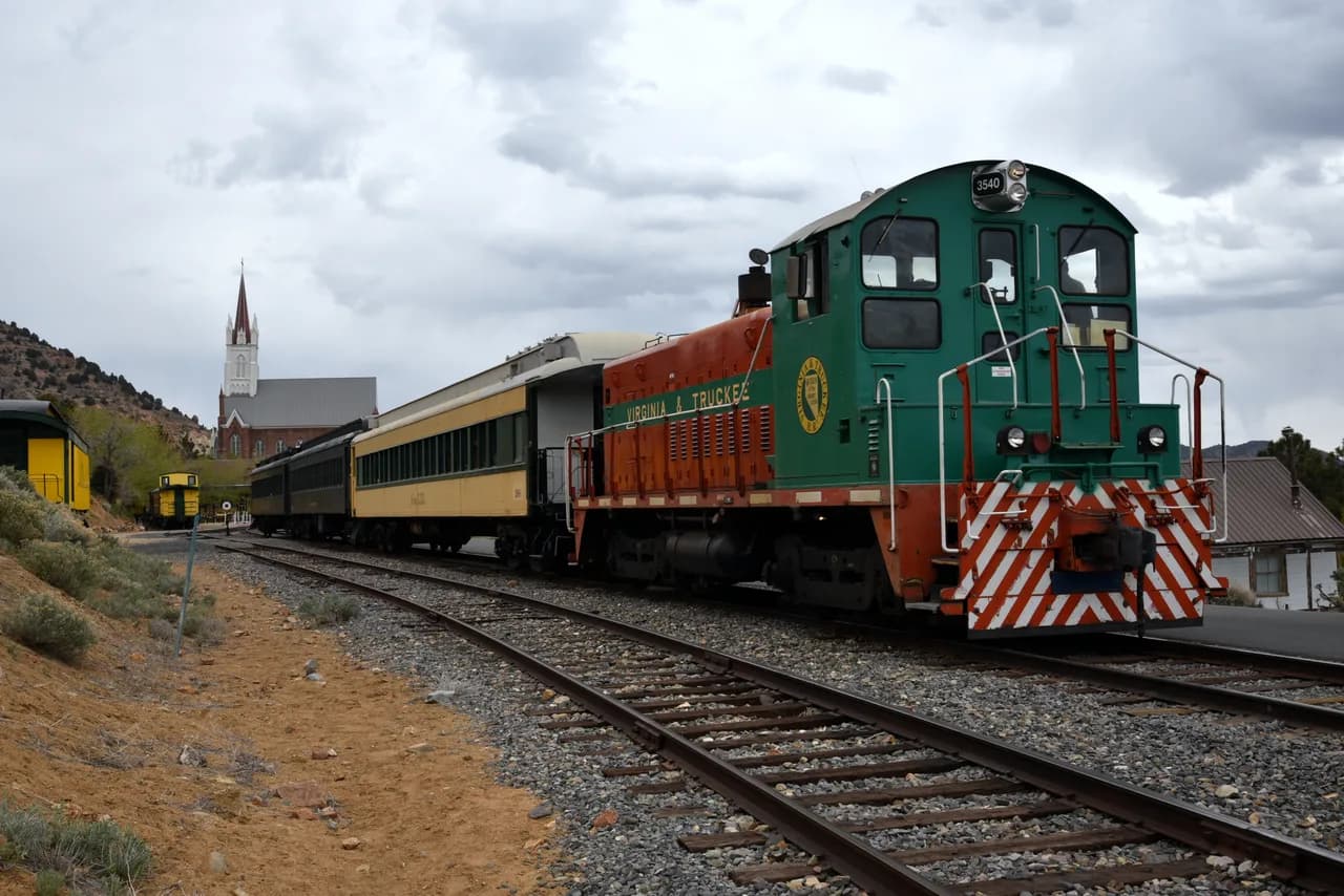 Virginia and Truckee Railroad locomotive 3540 with passenger cars in Virginia City