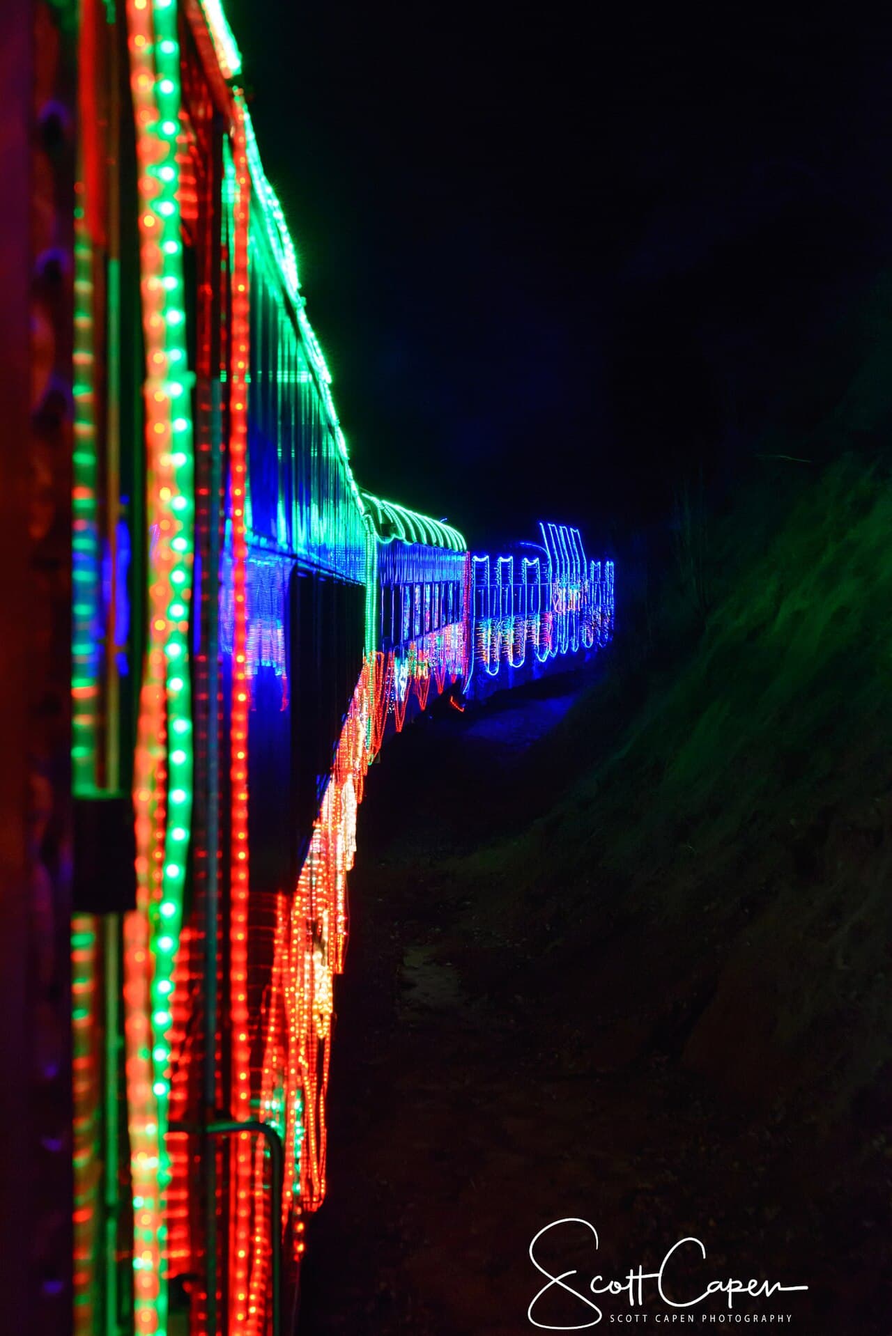 Niles Canyon Railway passenger coaches covered in Christmas lights at night