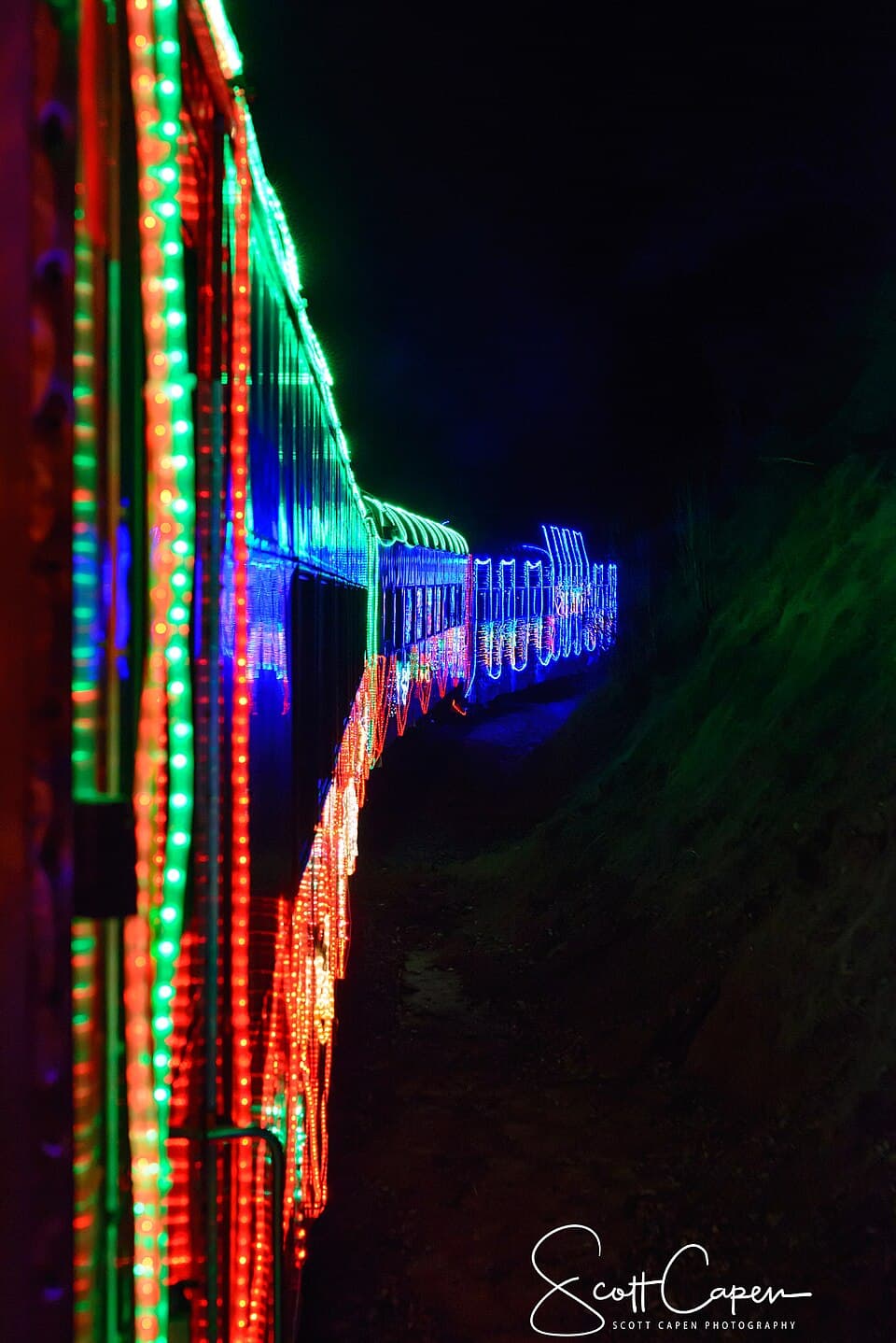 Niles Canyon Railway passenger coaches covered in Christmas lights at night
