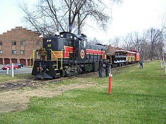Catskill Mountain Railroad’s holiday shuttle with a Christmas wreath in Kingston