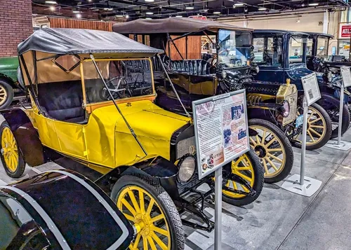 Early automobiles displayed inside the Boyertown Museum of Historic Vehicles